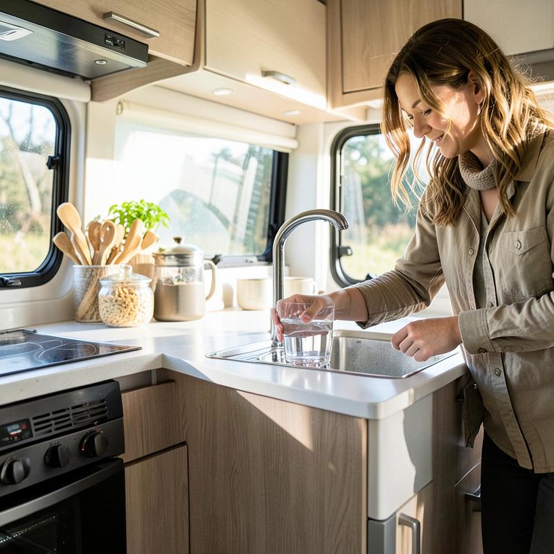 Interno di un camper con acqua sanificata dal rubinetto