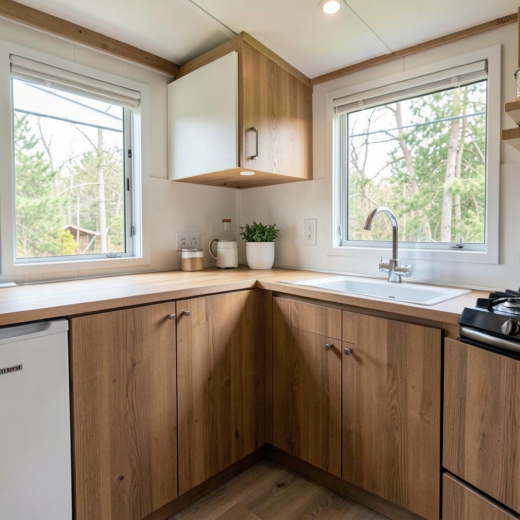 Interno di una tiny house con zona cucina e acqua sanificata